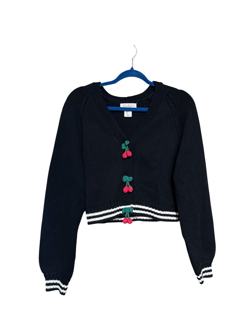 Jessica Simpson Cherry Cropped Black Knit Cardigan Sweater with Cherry Buttons